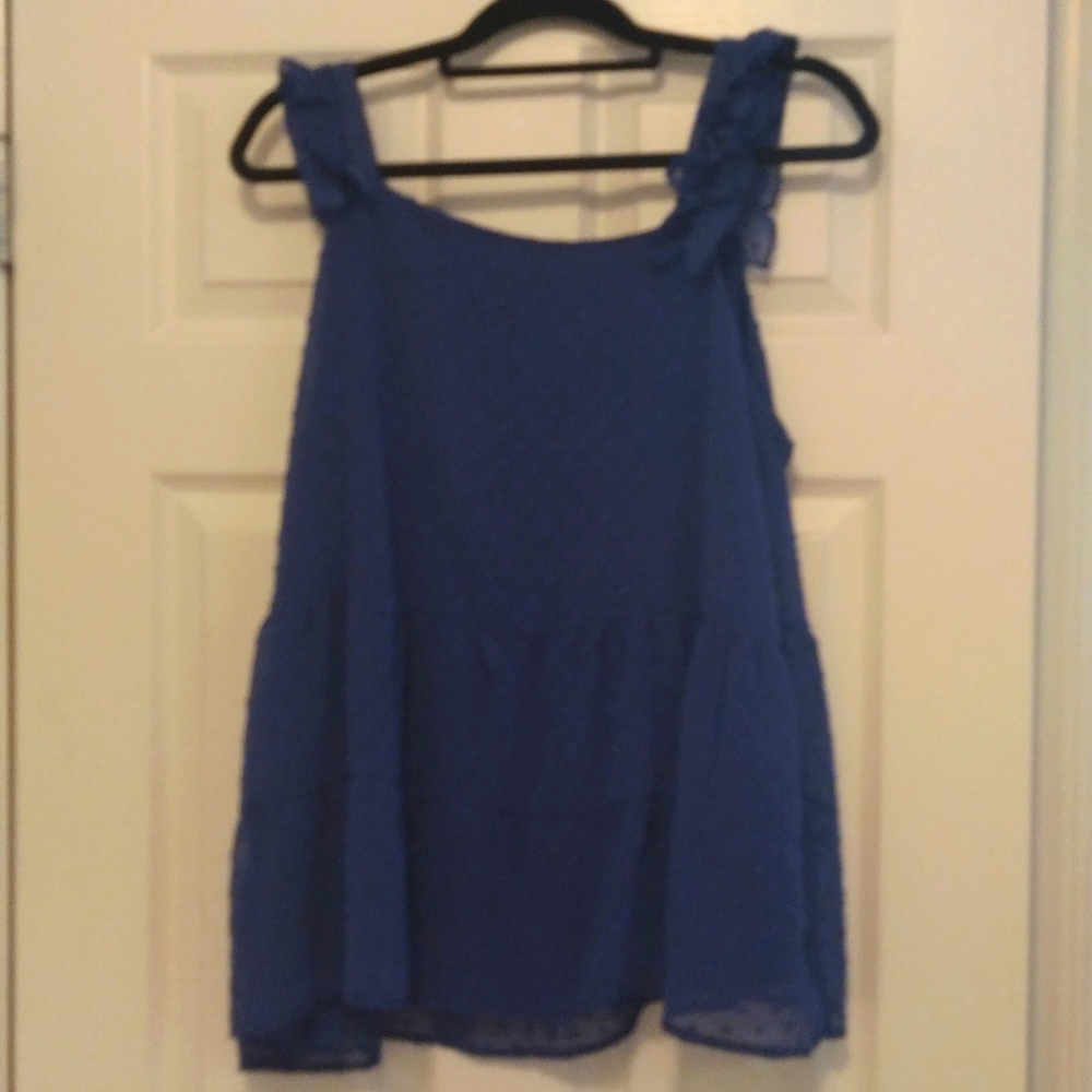 -Lisa Robertson swiss dot ruffle sleeve peplum bottom lined cobalt popover top